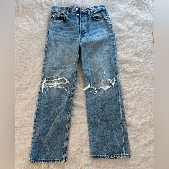 Re/Done Denim - REDONE Originals Low Slung Crop Original Rigid Distressed Button Fly Blue Sz 26